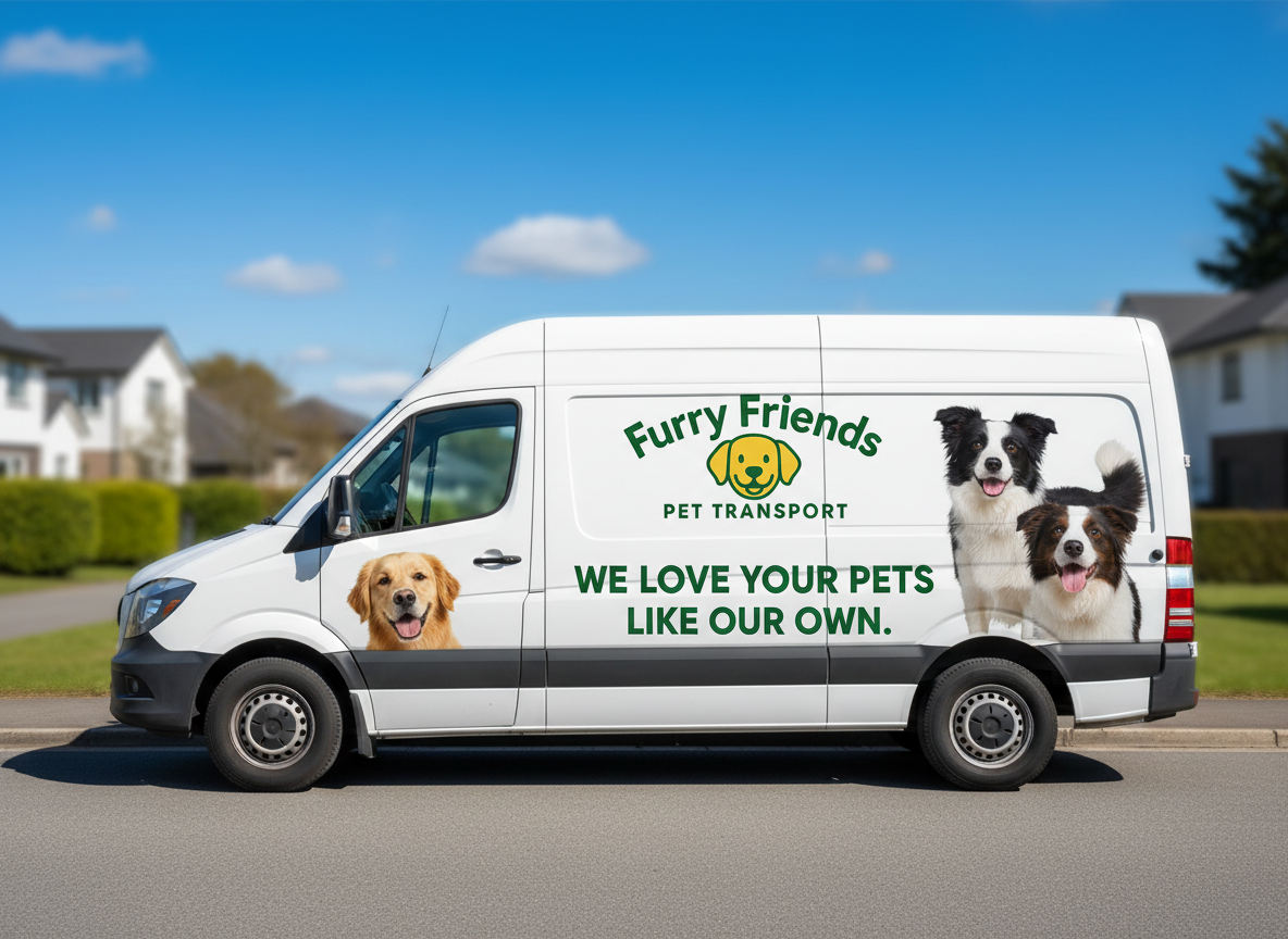 Driver with dog beside Furry Friends Pet Transport van